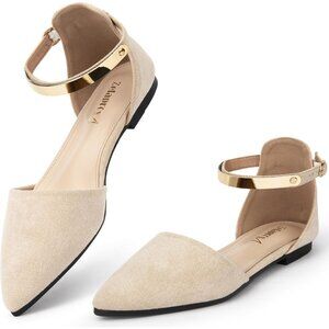 🆕Women's Cream Flats Shoes Comfort Ballet Outsole Ankle Strap Shoes